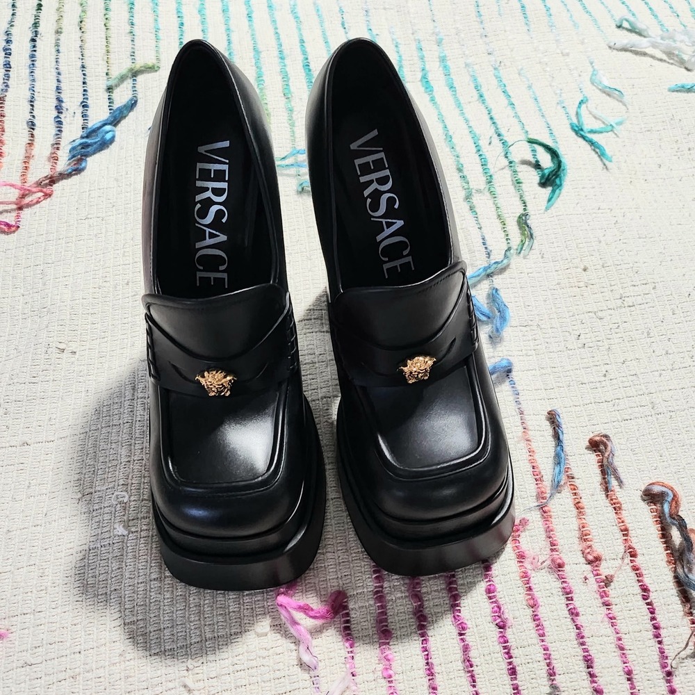 Versace Black Leather Medusa Head Double Platform Block Heel Loafers Size 38 - Picture 2 of 9